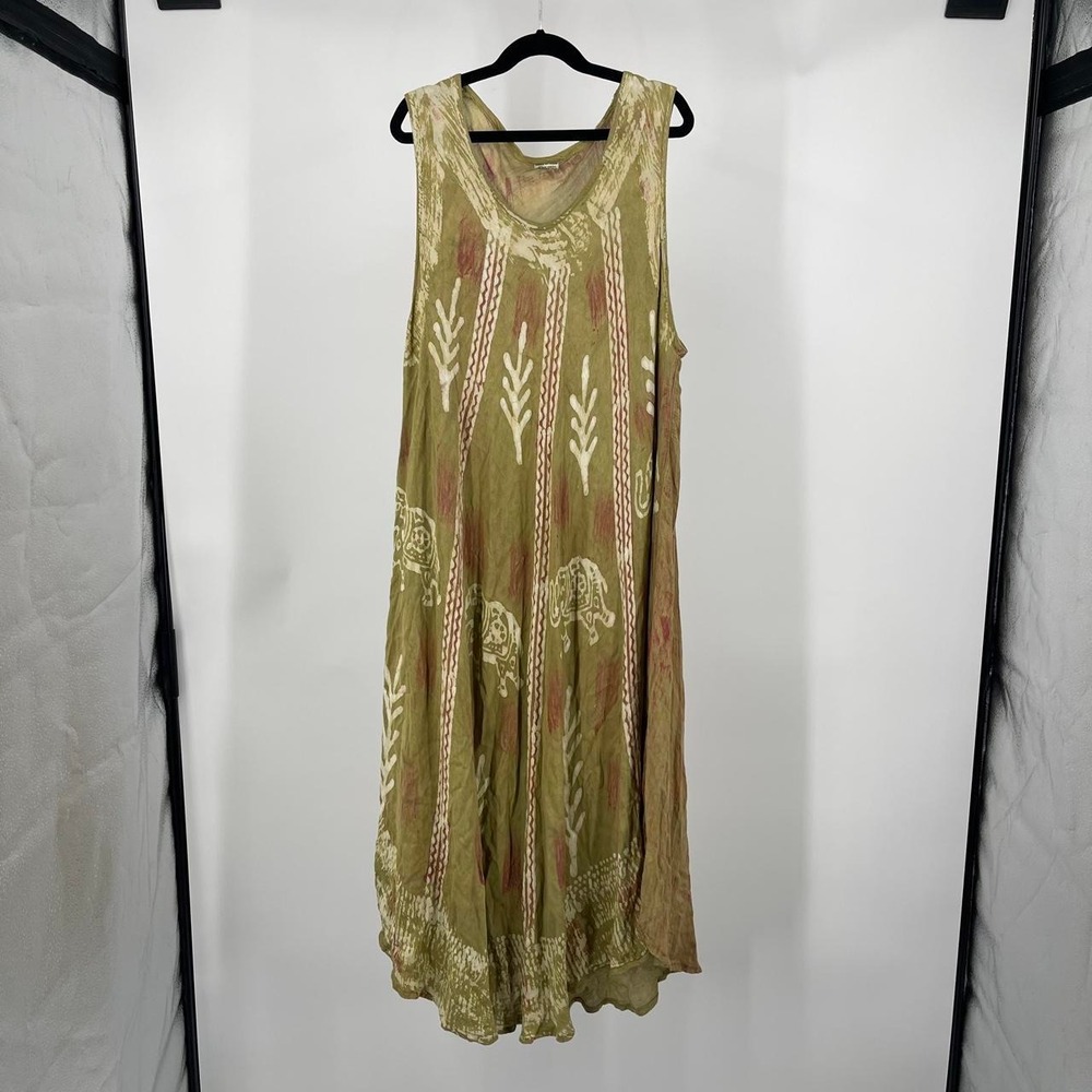 Vintage 90s Boho Maxi Sun Dress L Retro Earthy India Leaf Elephant Hippie Travel